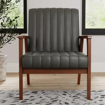 Акцентный стул с деревянным подлокотником для гостиной-Натуральное дерево-Современная мебель из желобчатого тафтинга Серые стулья Главная