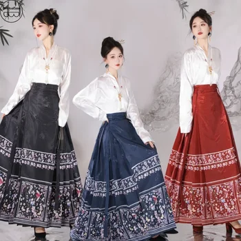 WATER Китайский современный Ханьфу Женская юбка Mamianqun Horse Face Повседневная одежда Комплект Национальный стиль Костюм Платья