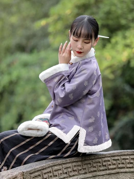 Новый хлопковый топ в китайском стиле женский короткий меховой воротник край фиолетовый молодежный милый кролик ханьфу зимнее платье