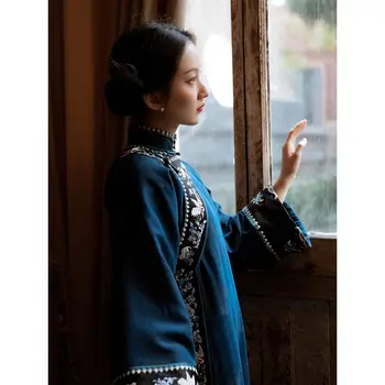 Новая имитация ароматной облачной пряжи Печать в китайском стиле Qipao Китайский Cheongsam Этнический стиль Qipao Daily Wear Print Long Chirpaur