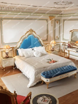 Двуспальная кровать из ткани французского двора Винтажная роскошная брачная кровать из массива дерева Кровать из ракушек в европейском стиле в главной спальне