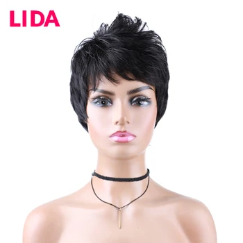  Lida Китайские человеческие волосы Полная машина Сделано Черные Женщины Прямые Короткие Парики Естественный Стиль Для Повседневной Жизни