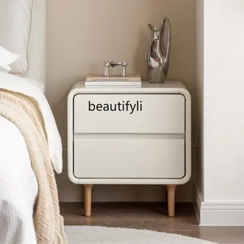 Прикроватная тумбочка из массива дерева кремового цвета Белая прикроватная тумбочка для хранения Спальня Простой шкаф для хранения шкафной мебели