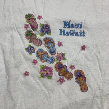 Винтажная футболка Гавайи Мауи Шлепанцы И Цветы Блестящий Графический Женский M