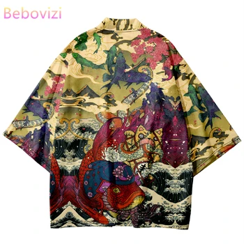 Японский стиль Рыбий принт Кимоно Рубашка Хаори Мода Лето Пляж Юката Мужчины Женщины Традиционный кардиган Азиатская одежда