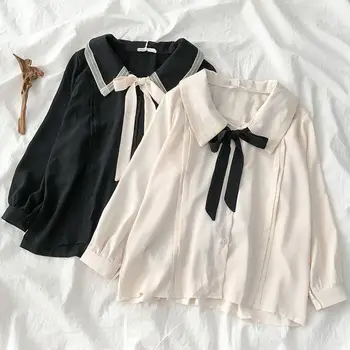 Большой размер Ниша Дизайн Смысл Однобортная Женская Рубашка Осень Новая Корейская Блузка На Шнуровке Бант Женская Однотонная Женская Рубашка