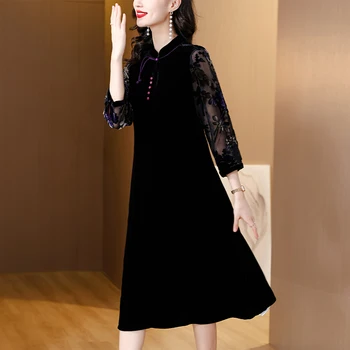 Осеннее Миди Элегантное Винтажное Черное Бархатное Платье 2022 Корейская Мода Женщины Выпускной Вечерние Платья О-образный вырез Свободный Повседневный Шик Vestidos