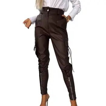Женские брюки Стильные женские брюки-карандаш из искусственной кожи Брюки с высокой талией Slim Fit Multi Pockets Модные брюки для шикарного образа Multiple