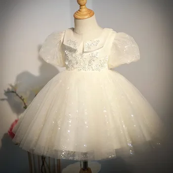 2024 Роскошное платье для девочек Дети принцесса Сетчатое бальное платье с пайетками для свадеб Дети Чисто белая вечеринка