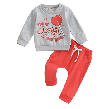 Комплект брюк для мальчиков, толстовка с длинным рукавом и круглым вырезом с буквами и принтом сердца с эластичной талией спортивные штаны на день святого валентина