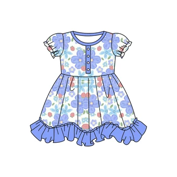 Новый дизайн Одежда для девочек Платье с пышными рукавами Нормальная юбка Юбка до колен Кружева Дизайн Синий Цветок Узор Молоко Шелковая Ткань